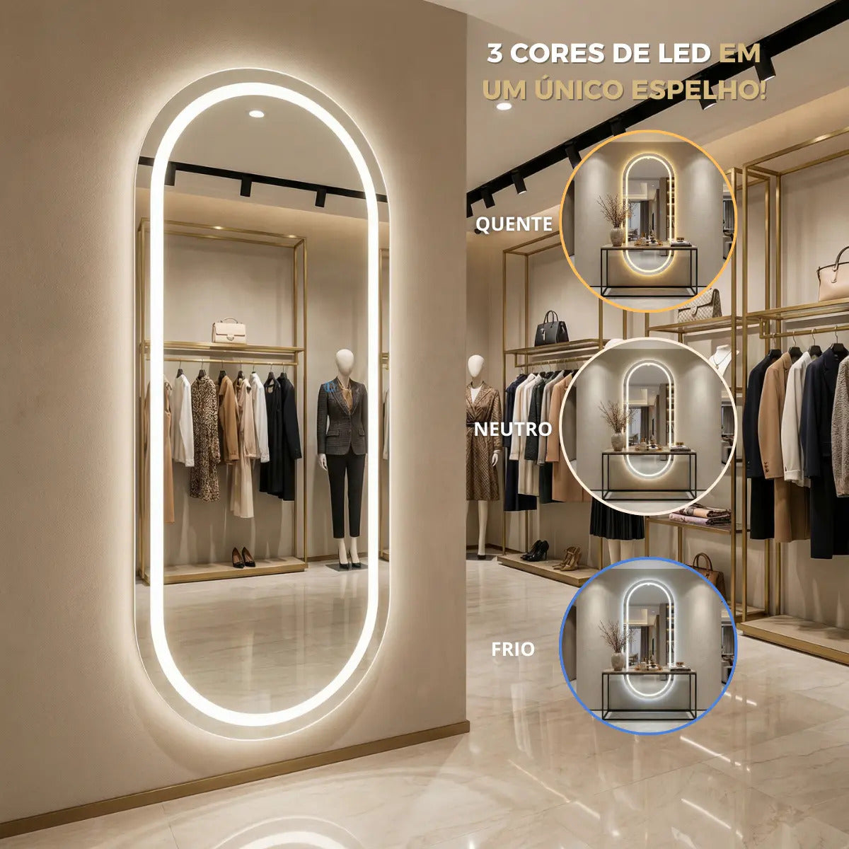Espelho Oval Grande Led 170x70 Touch 3 Cores Parede