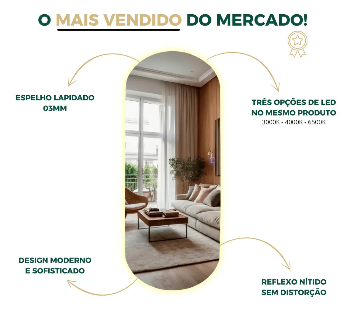 Espelho Oval Led 110cmx50 Grande Quarto Provador Luxo Bivolt