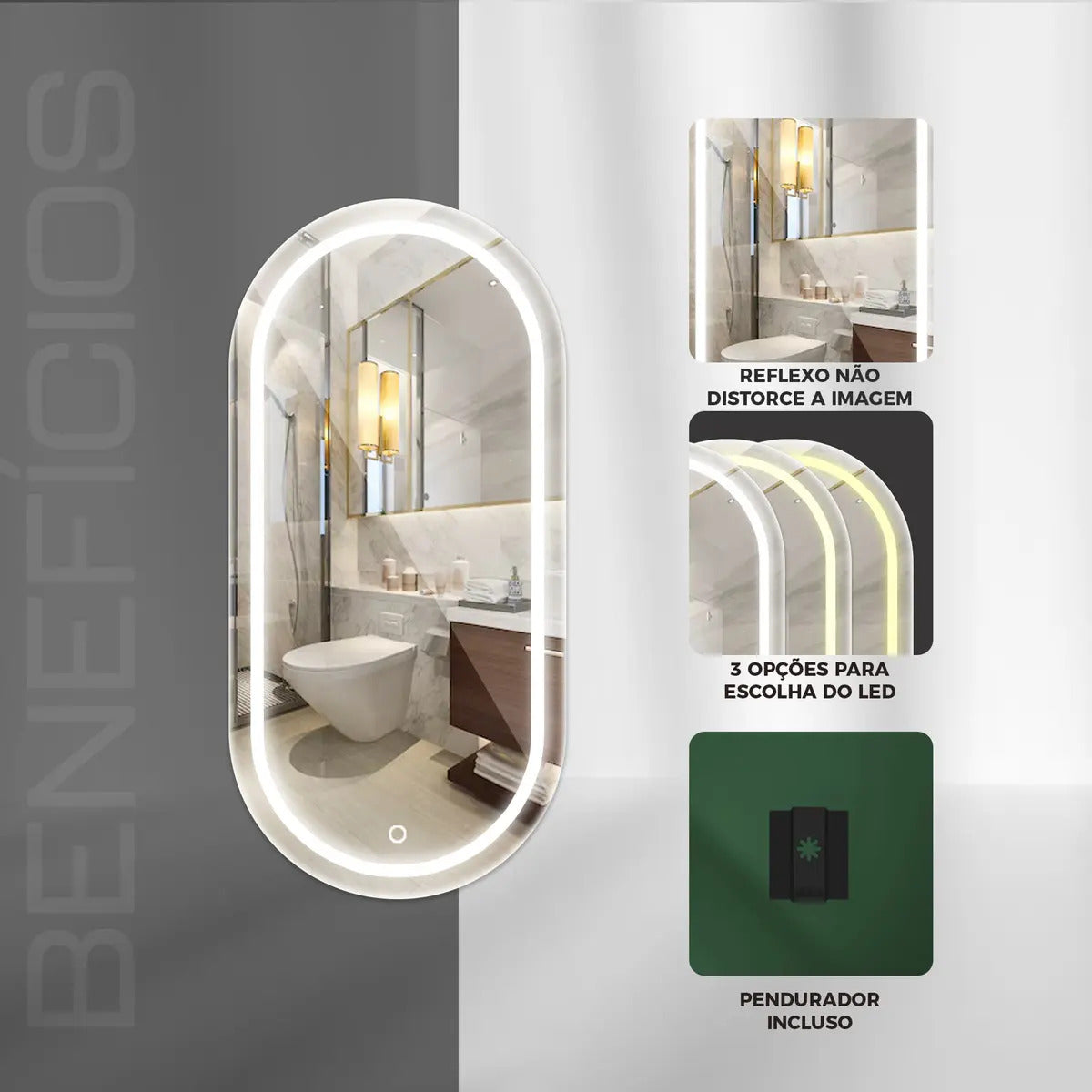 Espelho Oval Jateado Com Led 50x80 Lapidado Moldura Branco Quente