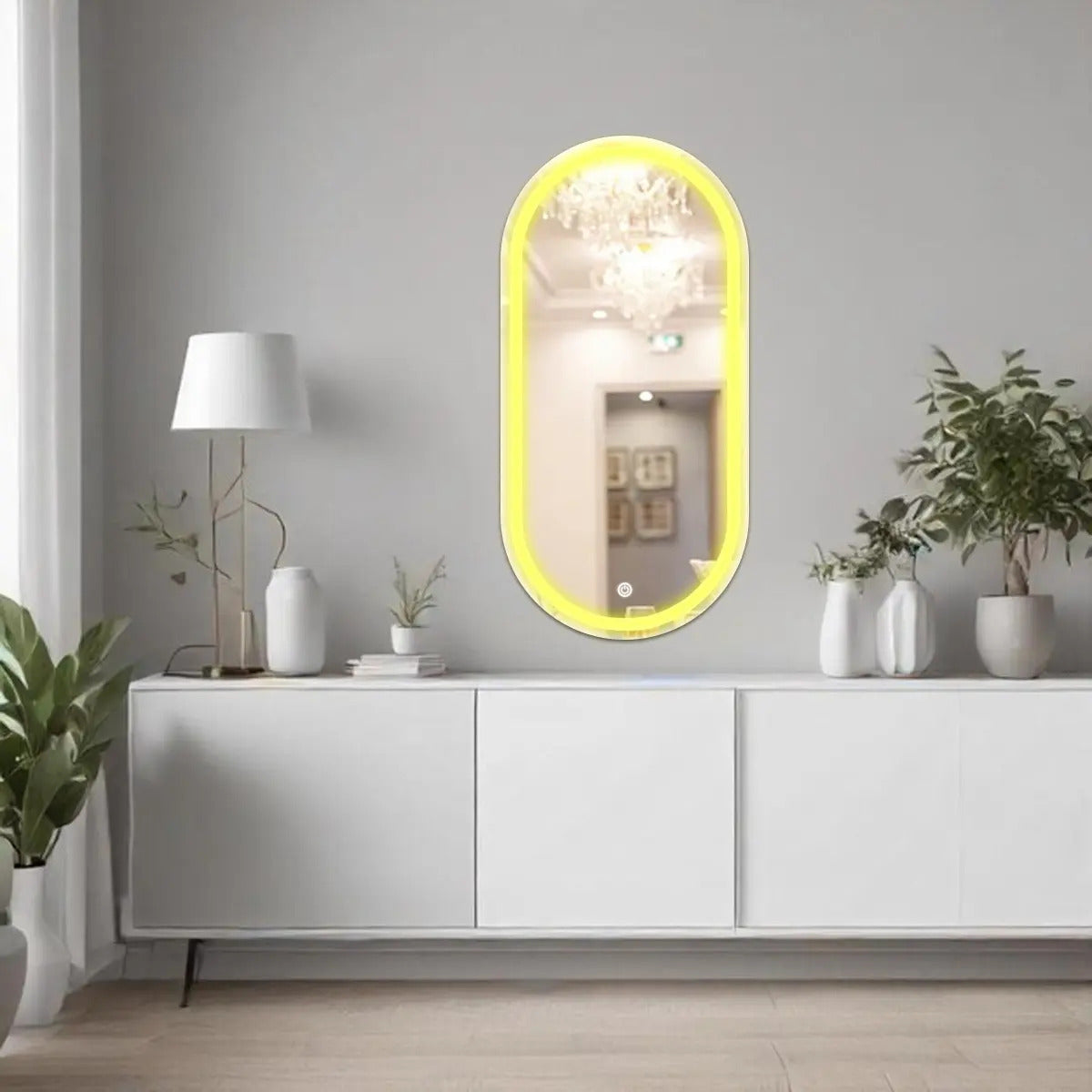 Espelho Oval Jateado Com Led 50x80 Lapidado Moldura Branco Quente