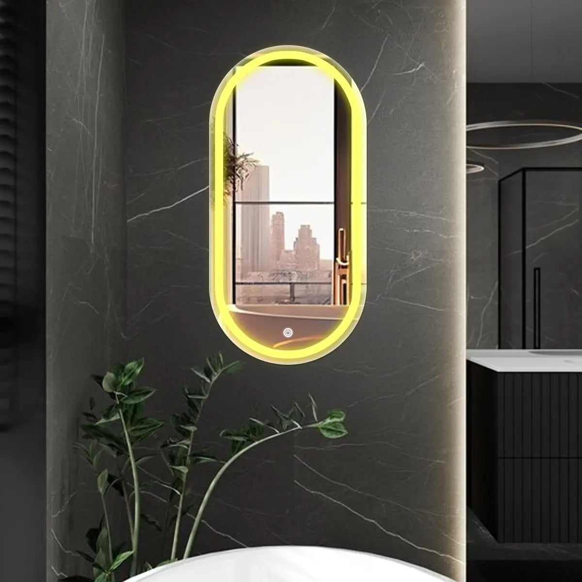 Espelho Oval Jateado Com Led 50x80 Lapidado Moldura Branco Quente