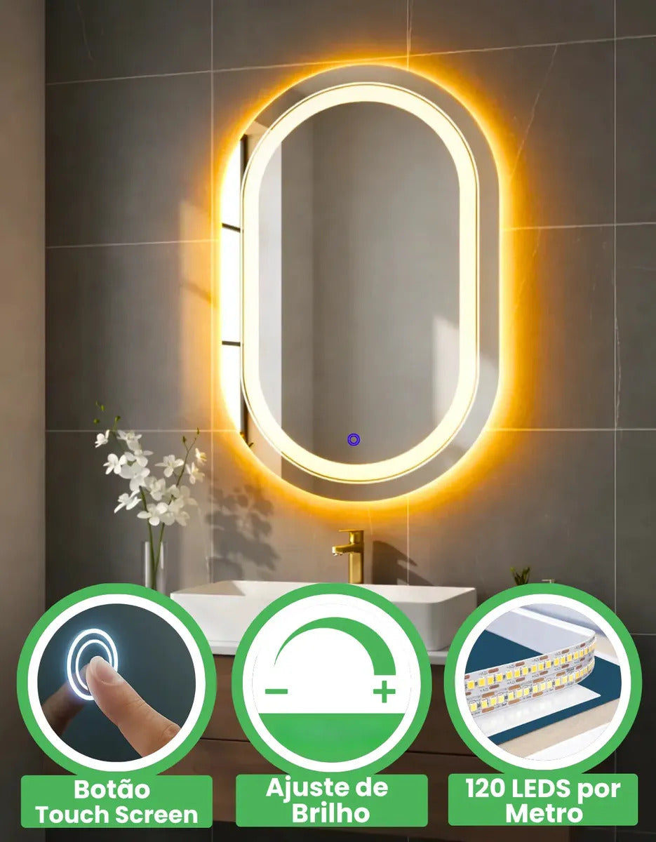 Espelho Oval LED 80x50 Touch Screen Para Maquiagem Luz Frente e Atrás