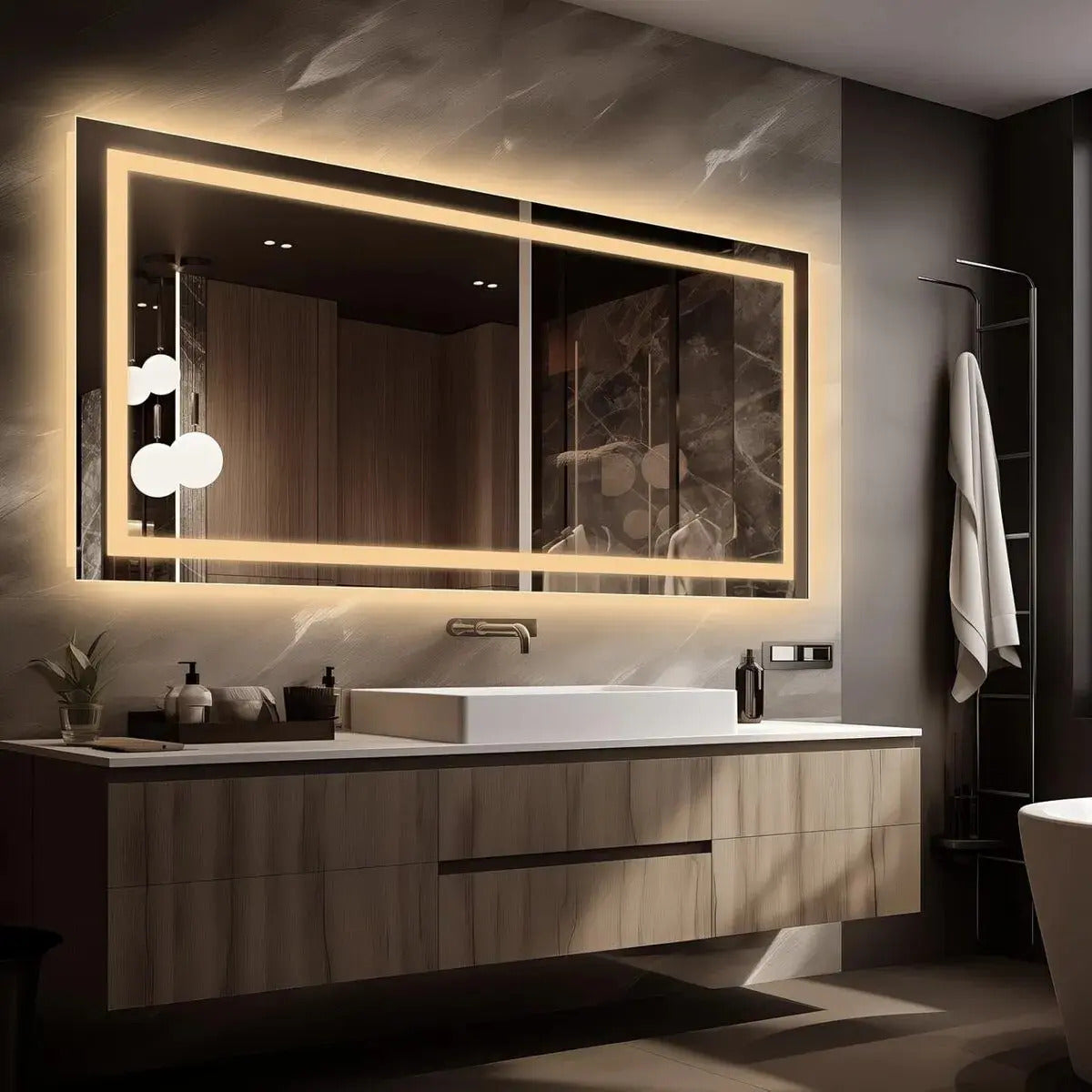 Espelho Retangular 80x60 Cm Jateado Led Botão Touch Premium