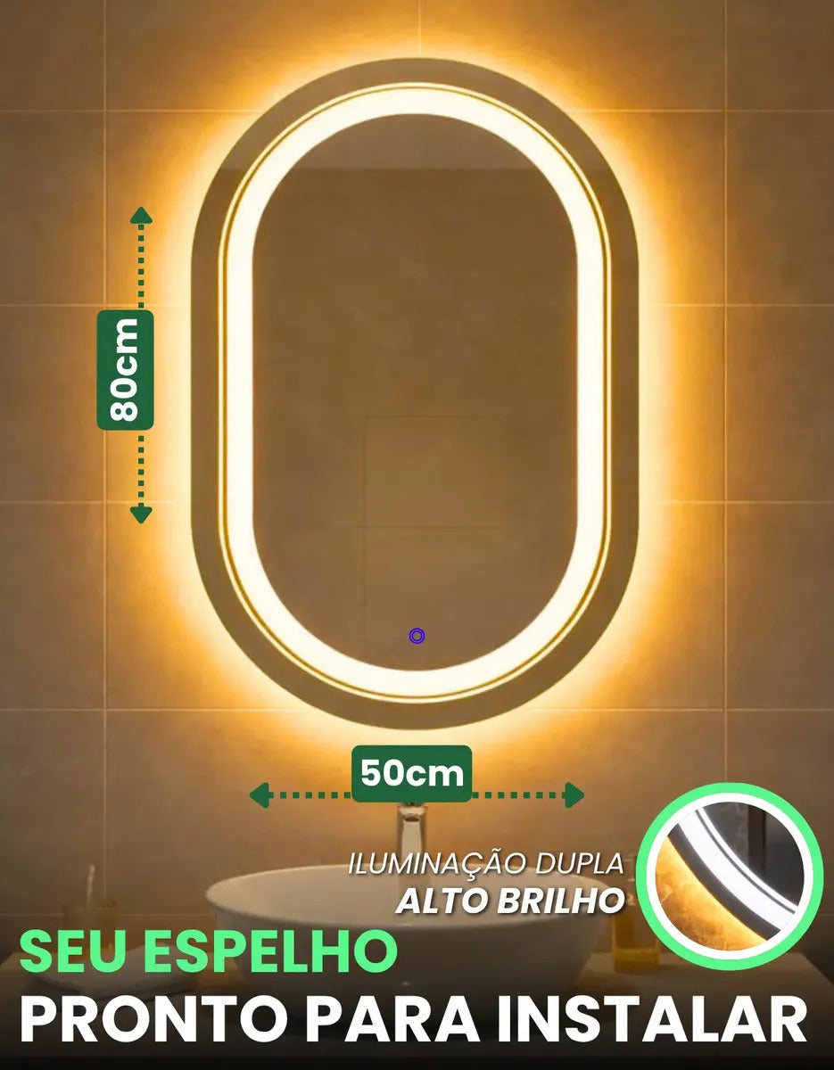 Espelho Oval LED 80x50 Touch Screen Para Maquiagem Luz Frente e Atrás