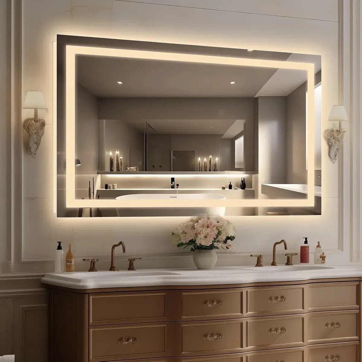 Espelho Retangular 80x60 Cm Jateado Led Botão Touch Premium