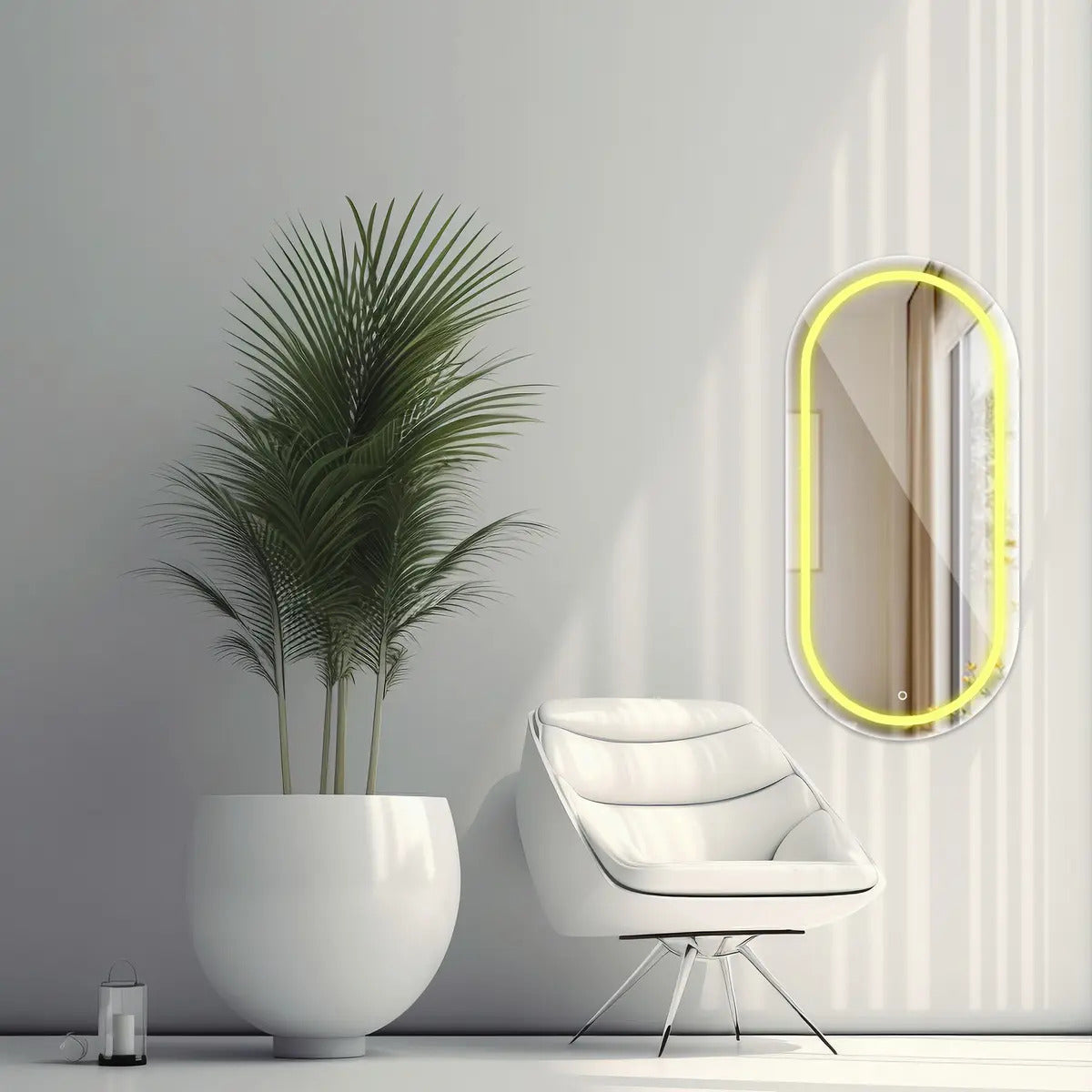 Espelho Oval Jateado Com Led 50x80 Lapidado Moldura Branco Quente