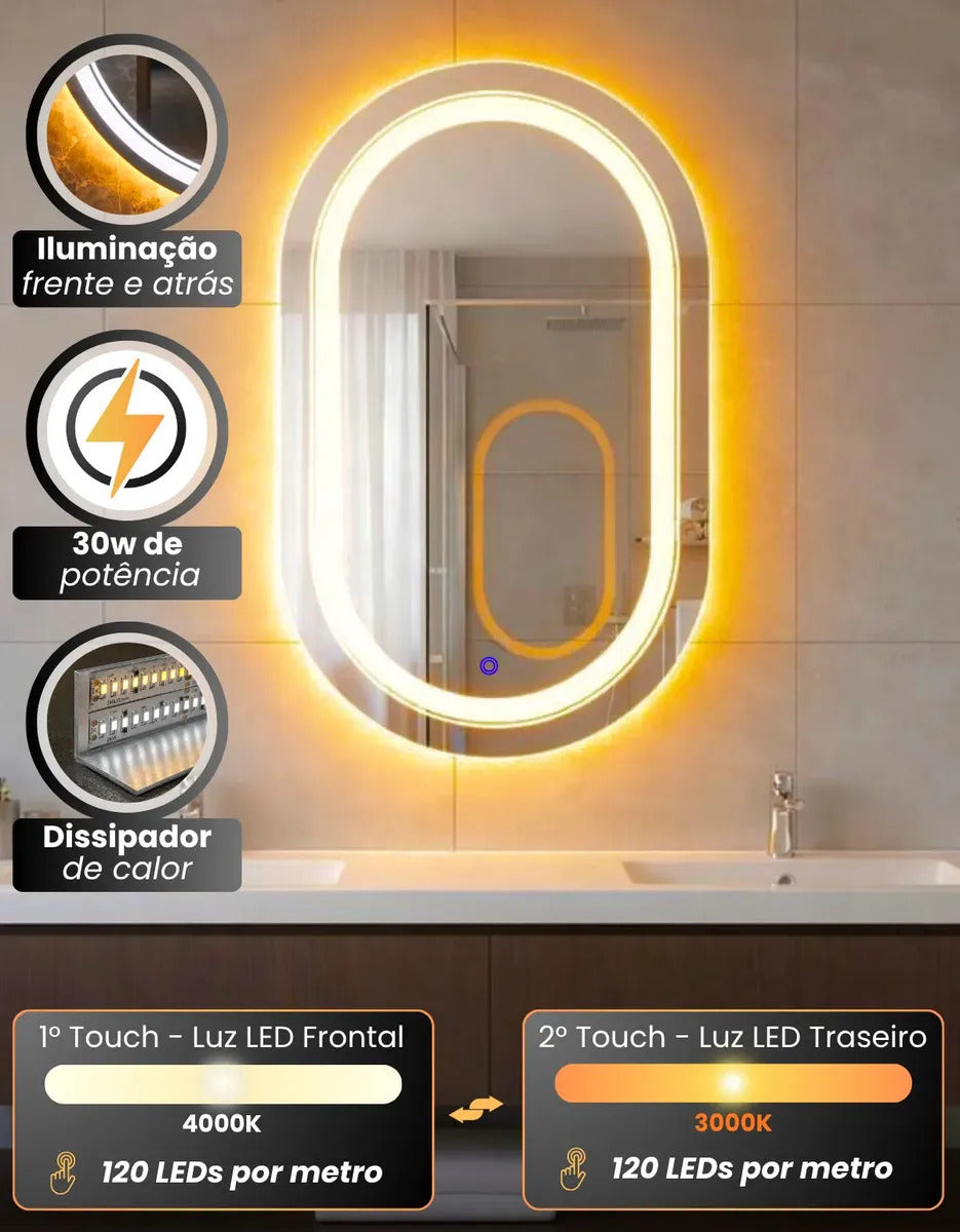 Espelho Oval LED 80x50 Touch Screen Para Maquiagem Luz Frente e Atrás