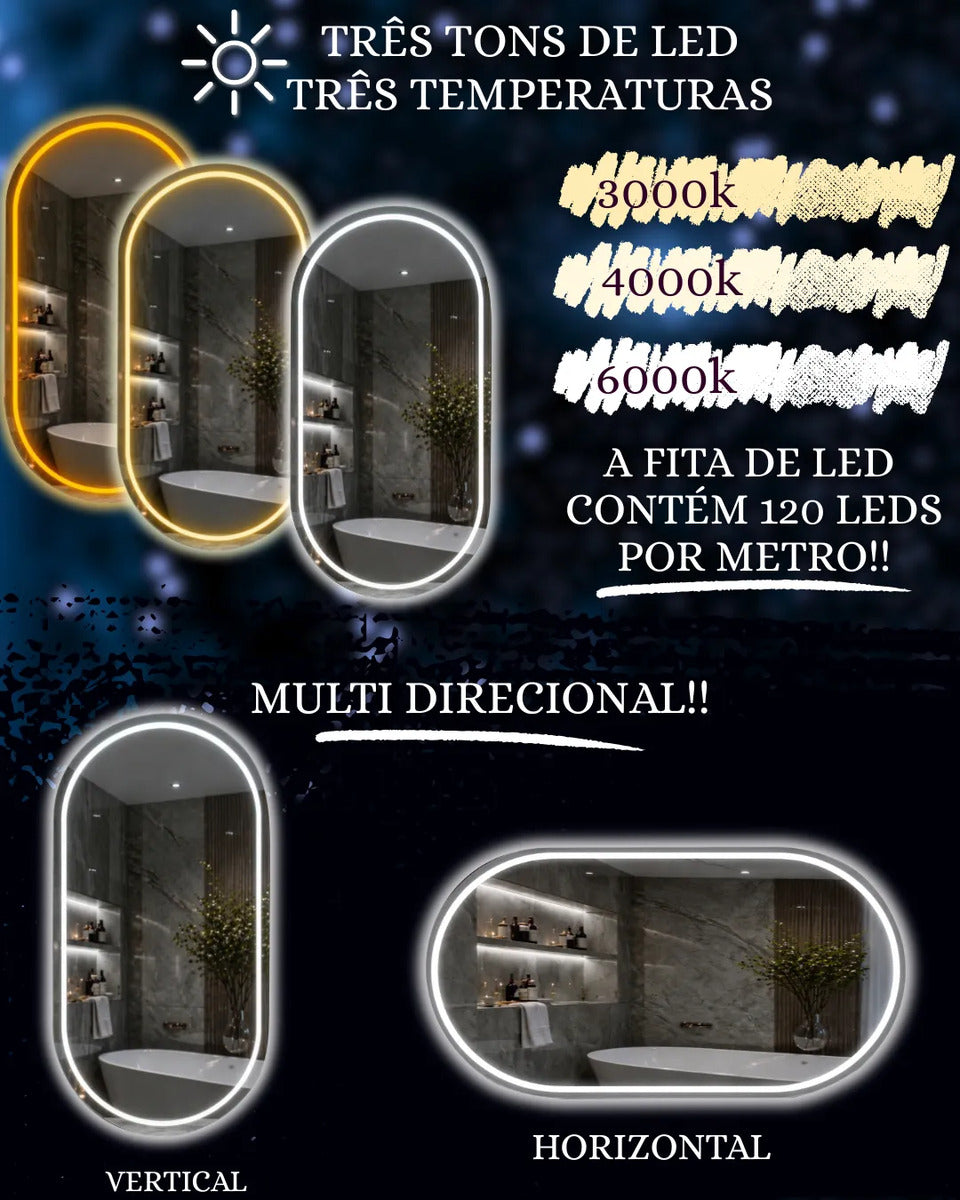 Espelho Oval 3 Cores Led Luxo 70x50 Touch Screen