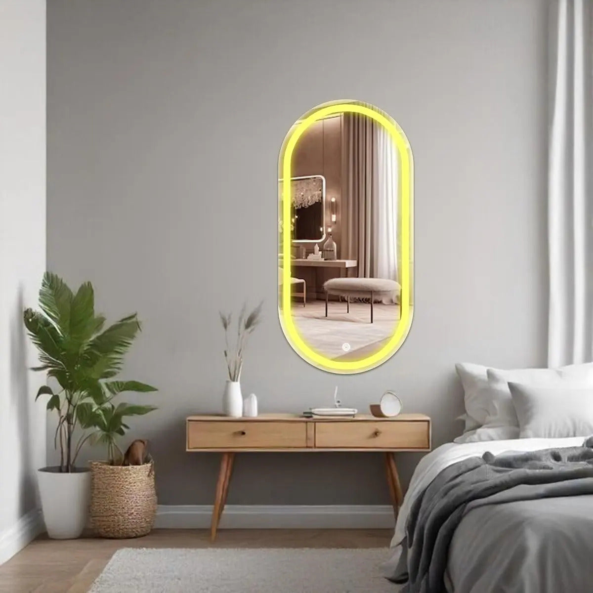 Espelho Oval Jateado Com Led 50x80 Lapidado Moldura Branco Quente