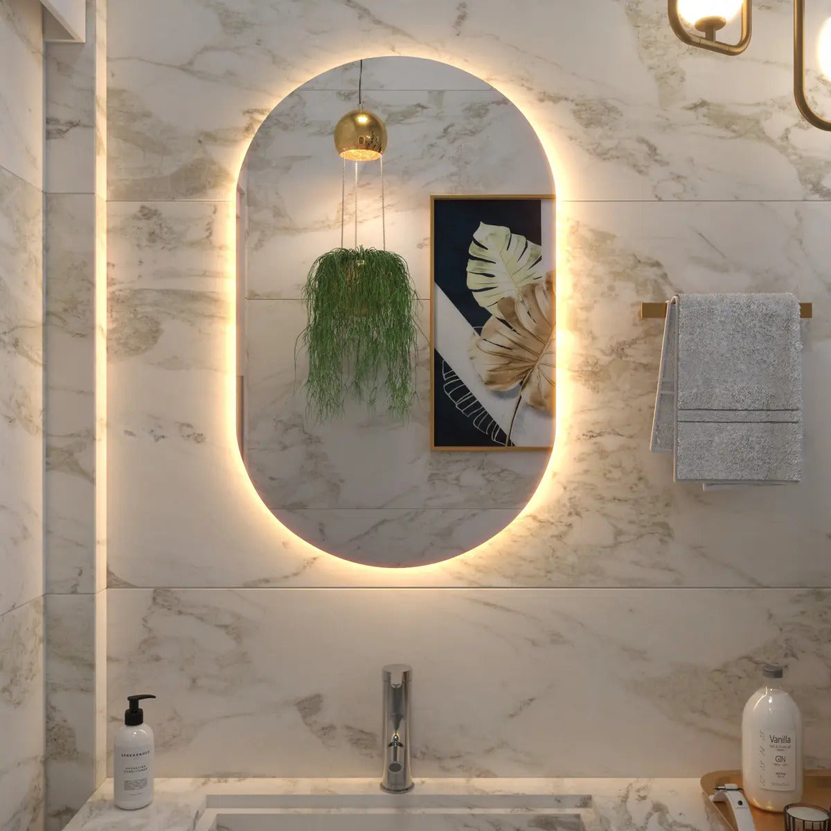 Espelho Decorativo Oval 80x50 Led Salão De Beleza Lapidado Moldura Branco Quente