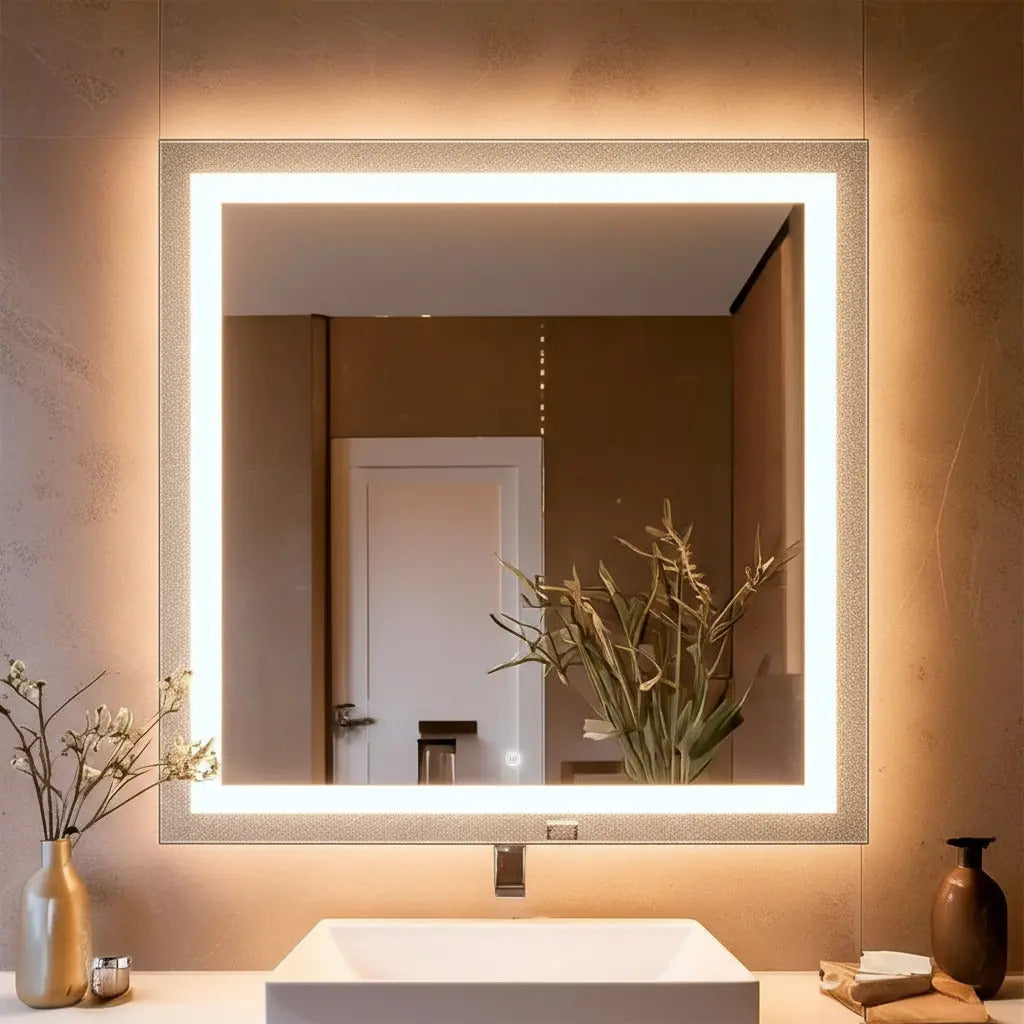 Espelho Quadrado 110x110cm Led Integrado Jateado Touch Screen Banheiro