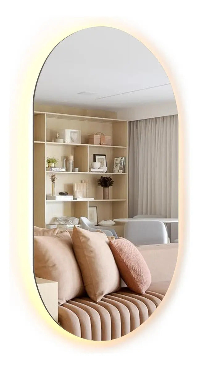 Espelho Decorativo Oval 80x50 Led Salão De Beleza Lapidado Moldura Branco Quente
