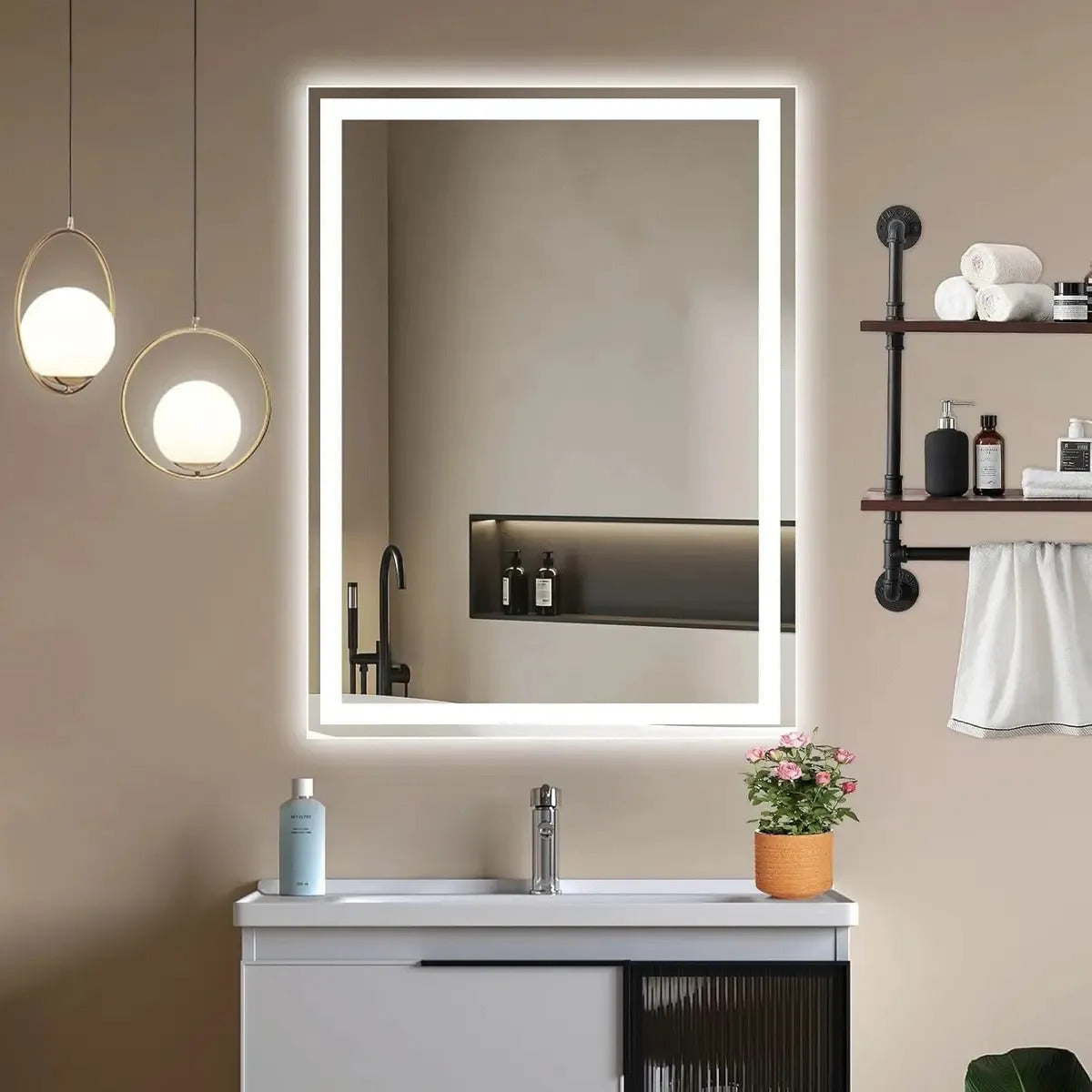 Espelho Retangular Led 70x80 Cm Jateado Lapidado Bivolt