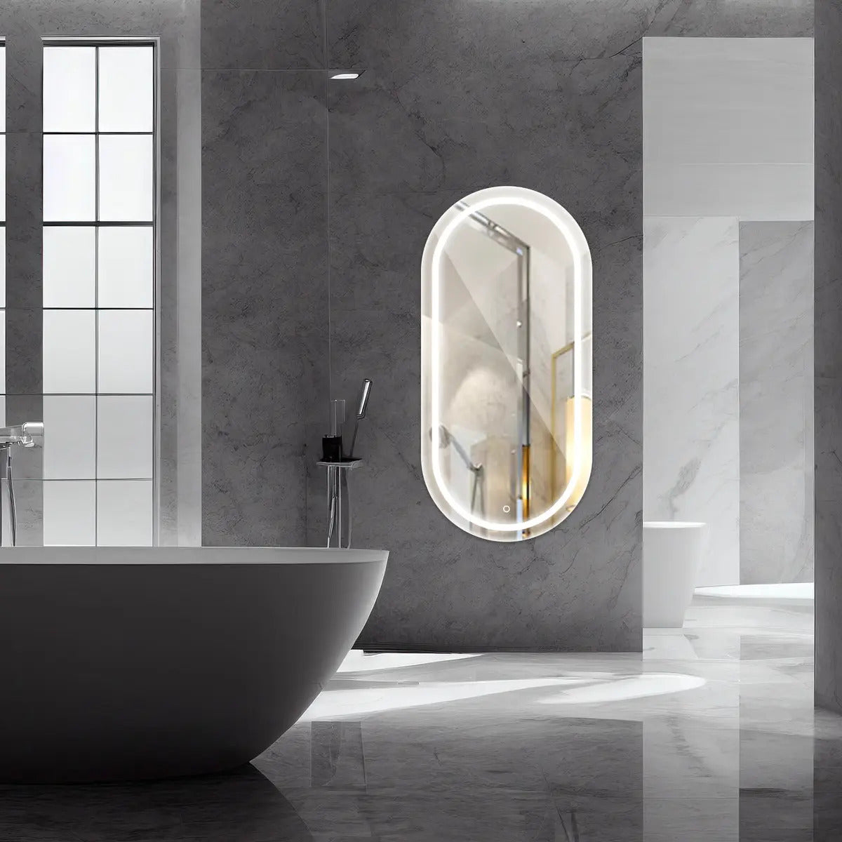 Espelho Oval Jateado Com Led 50x80 Lapidado Moldura Branco Quente