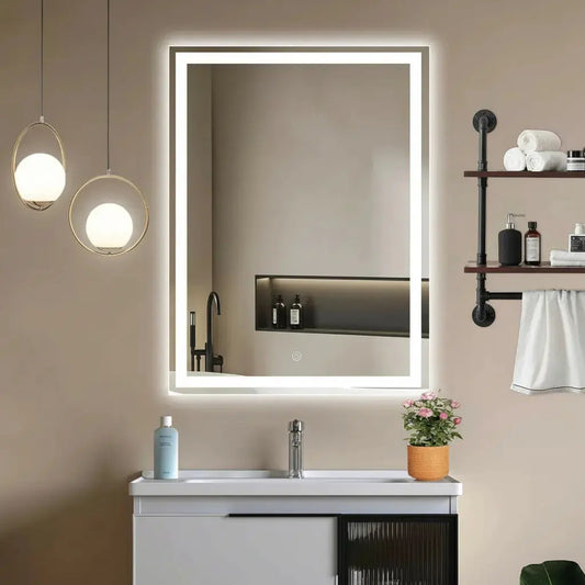 Espelho Retangular 80x60 Cm Jateado Led Botão Touch Premium