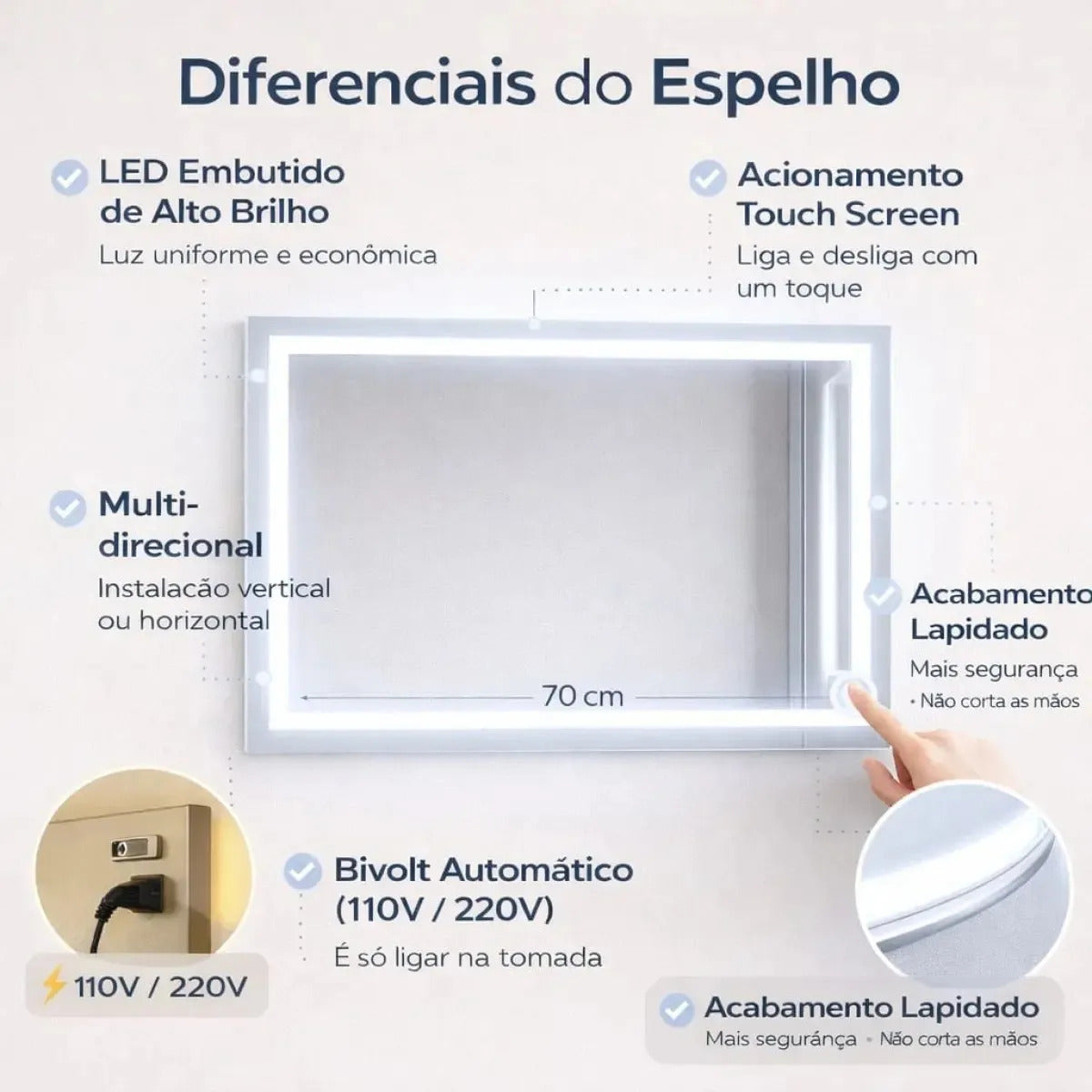Espelho Retangular Led 70x80 Cm Jateado Lapidado Bivolt