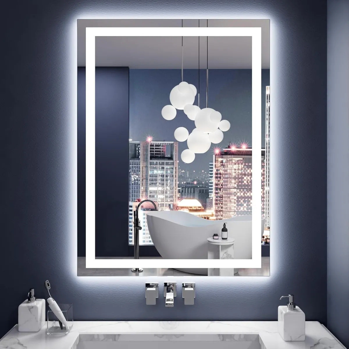 Espelho Retangular Led 70x80 Cm Jateado Lapidado Bivolt