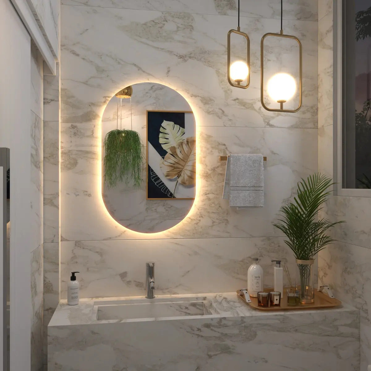 Espelho Decorativo Oval 80x50 Led Salão De Beleza Lapidado Moldura Branco Quente