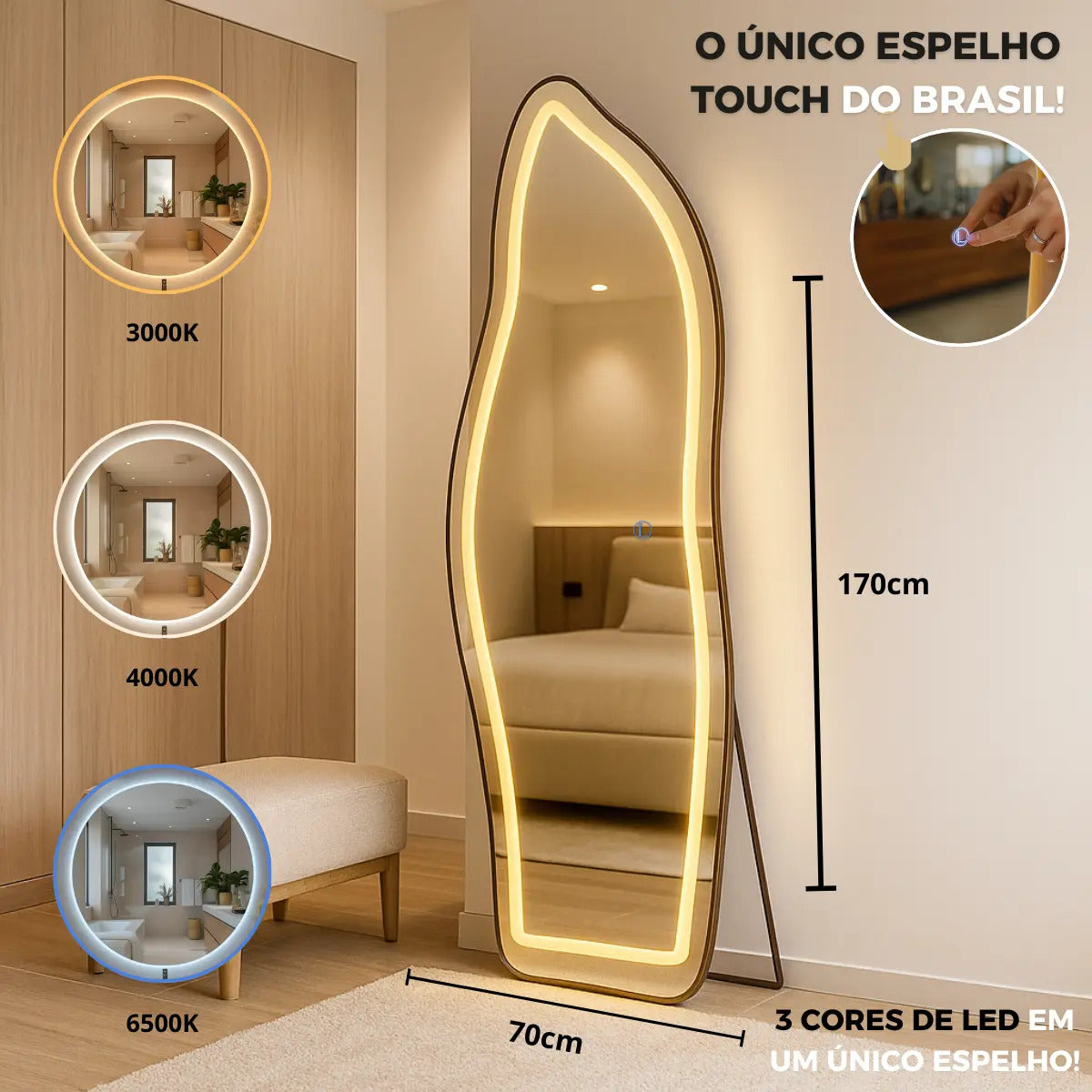 Espelho De Corpo Inteiro 170x70 Moldura Alumínio Com Led 3 Cores Touch Screen
