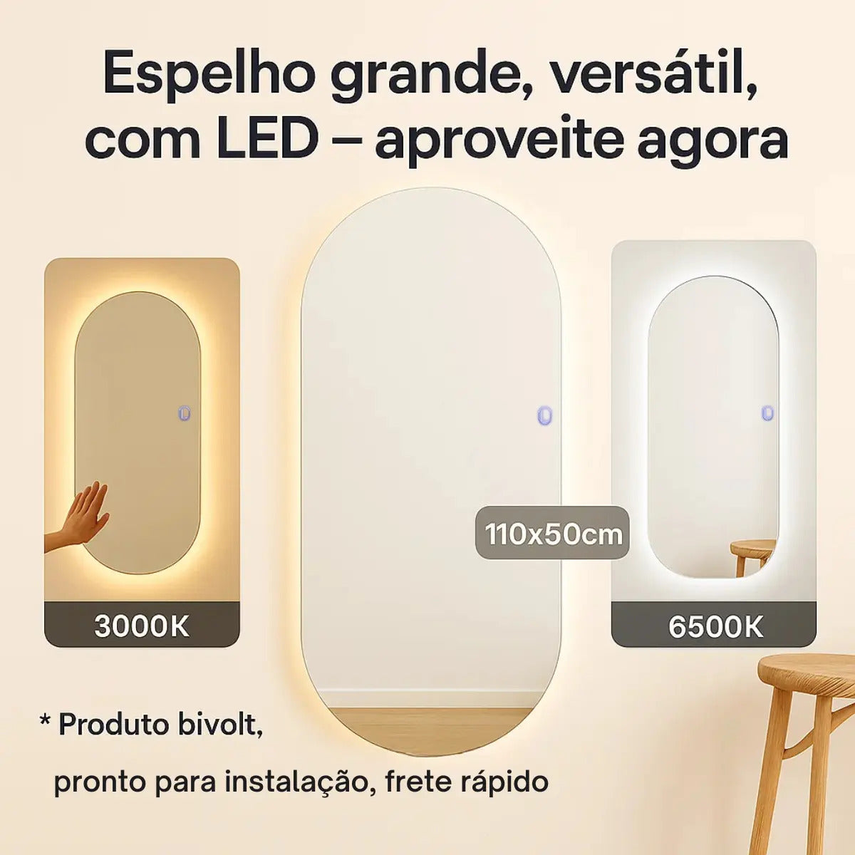 Espelho Oval Led 110cmx50 Grande Quarto Provador Luxo Bivolt