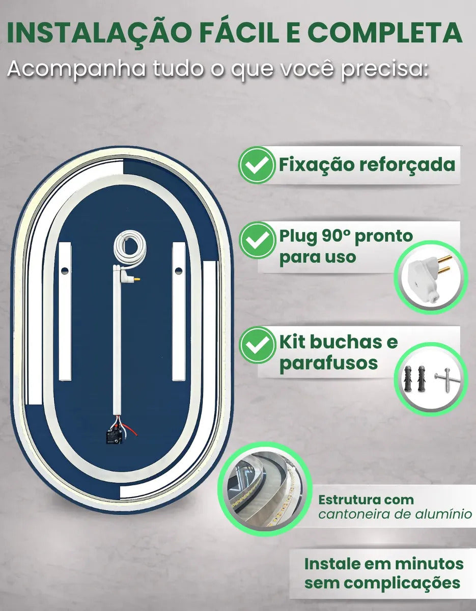 Espelho Oval LED 80x50 Touch Screen Para Maquiagem Luz Frente e Atrás