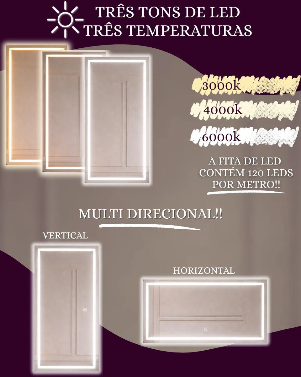 Espelho Led Top Vidros 120x70cm Penteadeira Com Luz