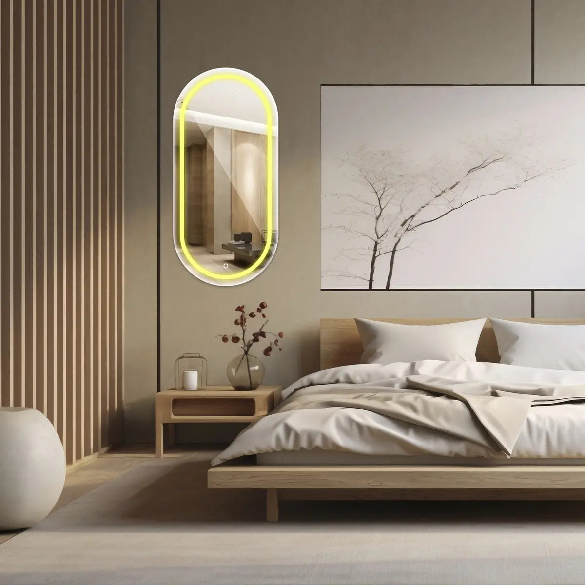 Espelho Oval Jateado Com Led 50x80 Lapidado Moldura Branco Quente