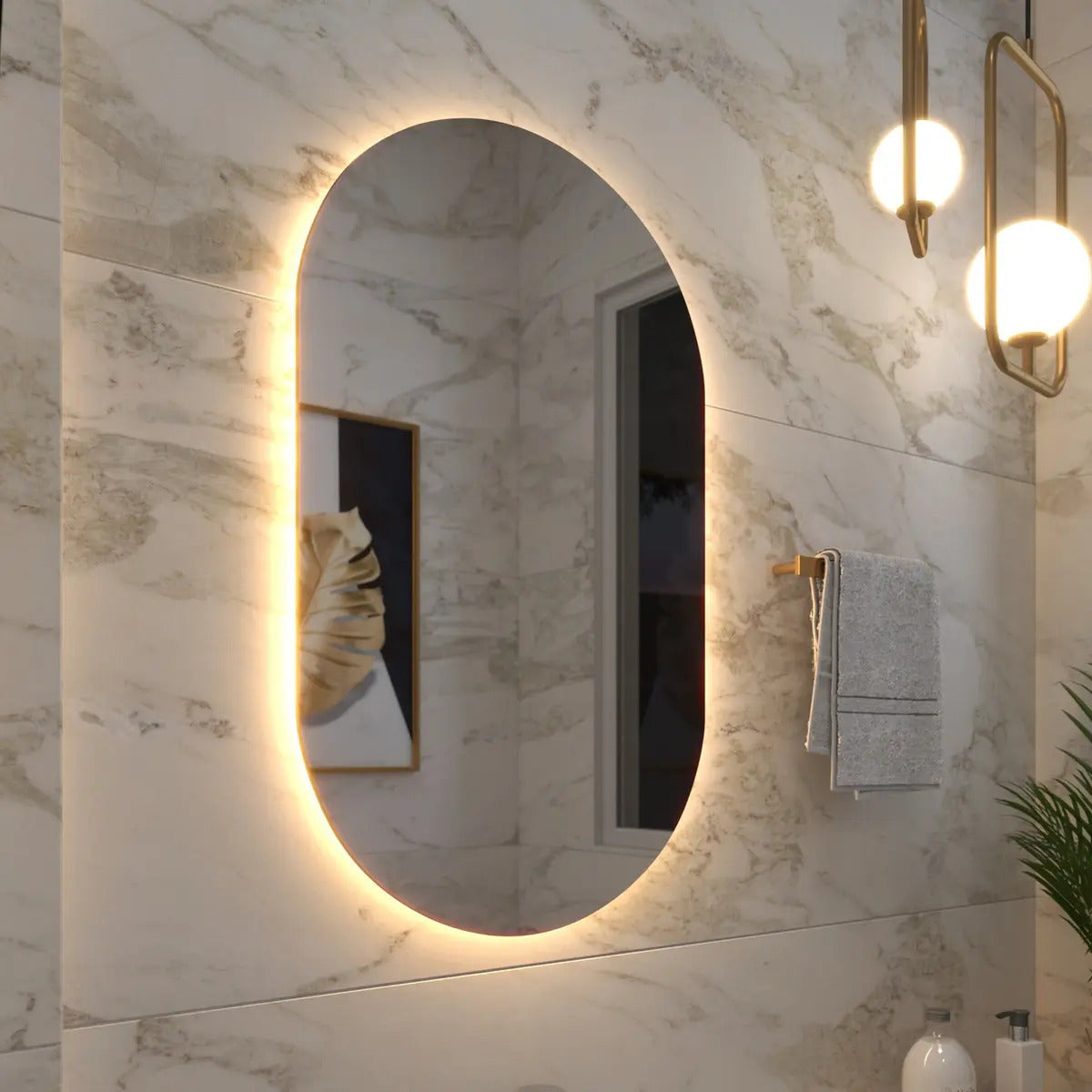 Espelho Decorativo Oval 80x50 Led Salão De Beleza Lapidado Moldura Branco Quente
