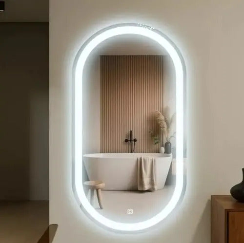 Espelho Decorativo Oval Jateado Led Touch 50x80cm Premium