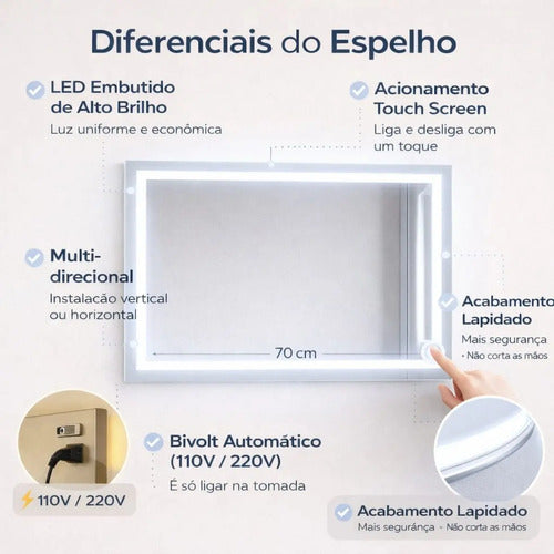 Espelho Jateado Retangular 110x80 Cm Led Lapidado Decorativo